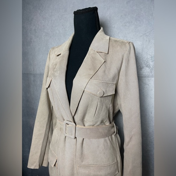 Solitaire Anthropologie Beige Belted Jacket Button Front Pockets Size Small - Picture 4 of 9